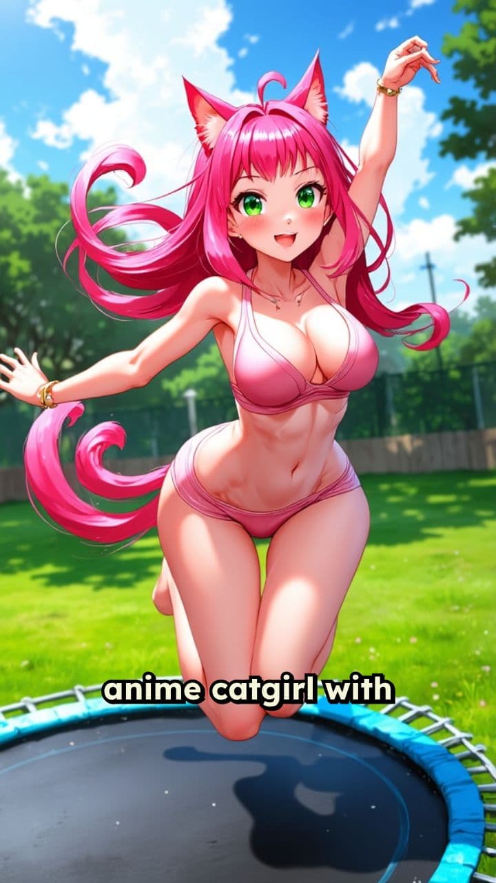 Jumping Catgirl on a Trampoline