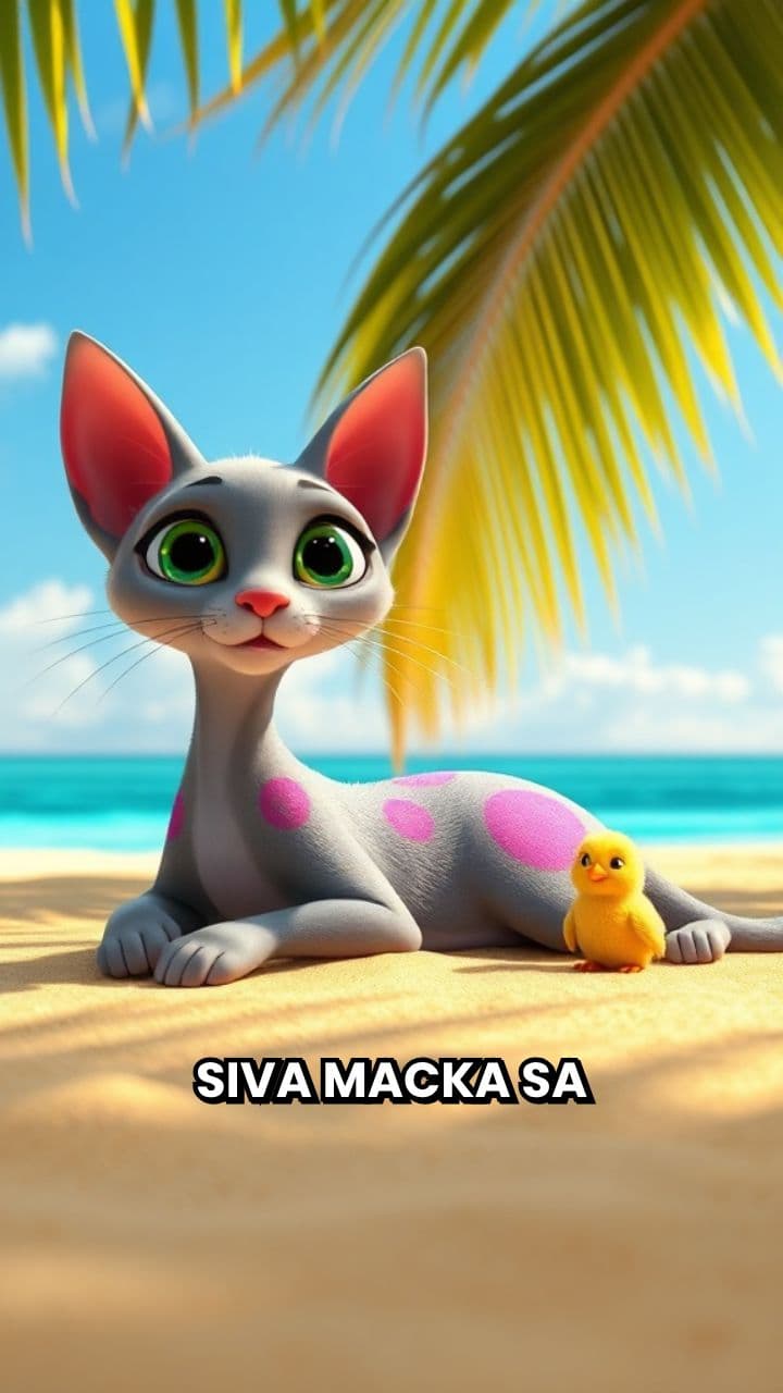 Siva mačka na plaži sa ptićem