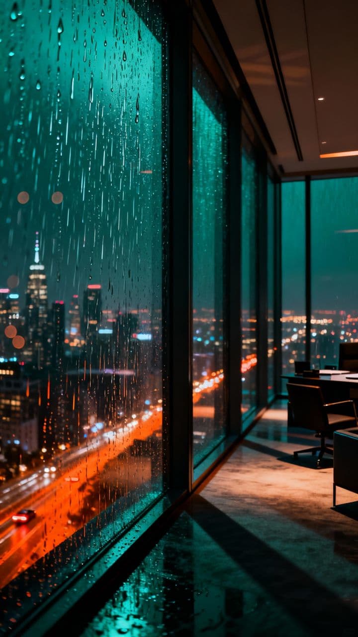 Rainy City Night Office