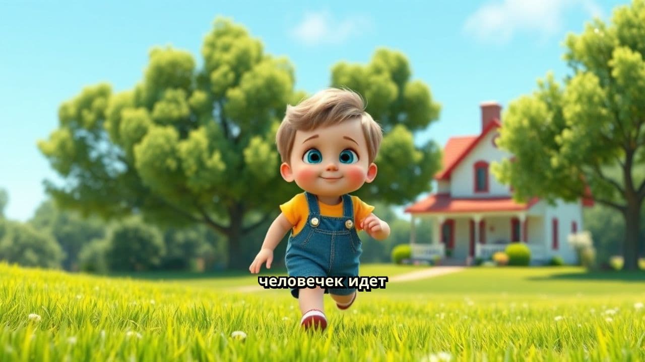 Человечек на фоне дома и деревьев