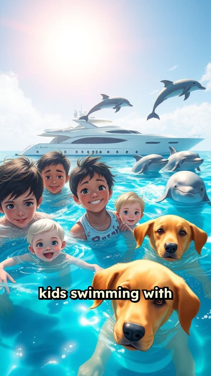 Kids Swimming with Dogs and Dolphins