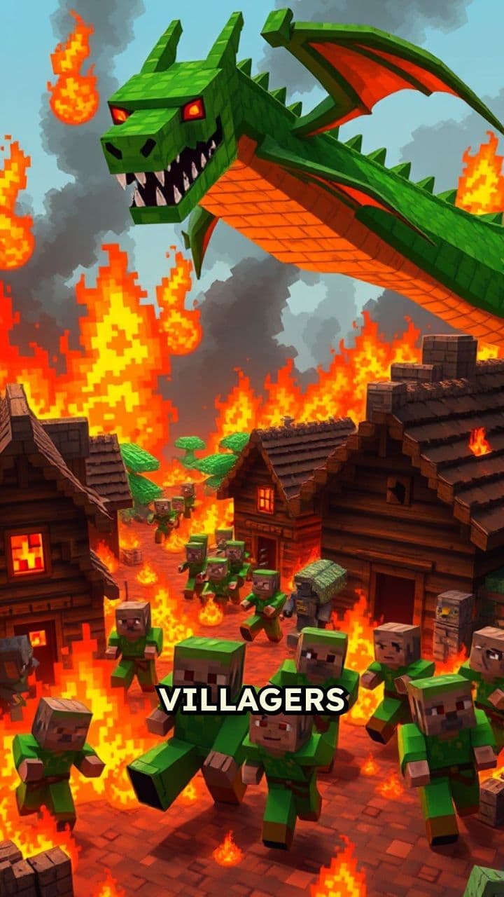 गाँव में आग और ड्रैगन का हमला