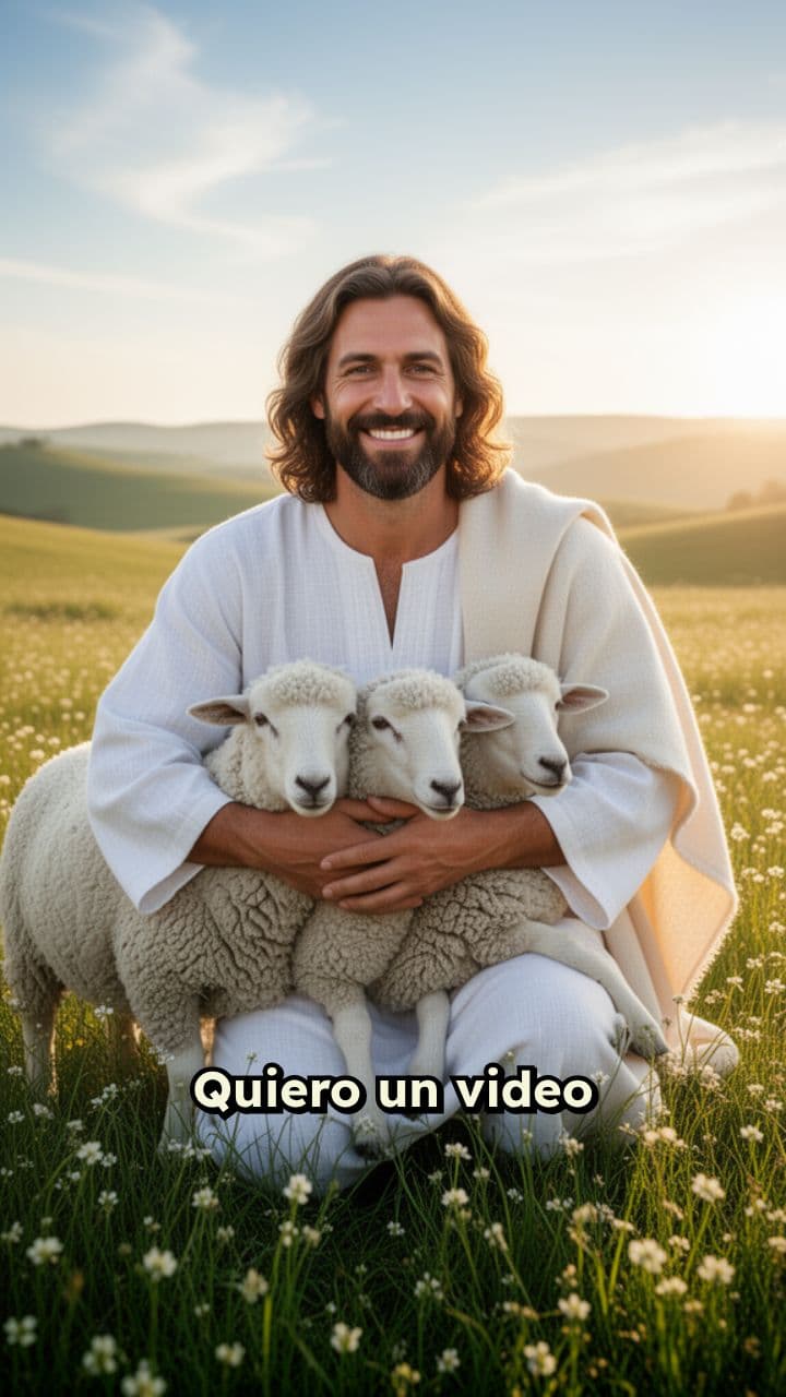 Jesús abrazando ovejas sonriente