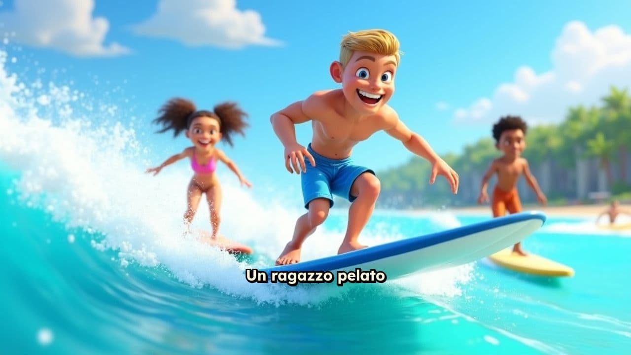 Surf con amici per un ragazzo pelato