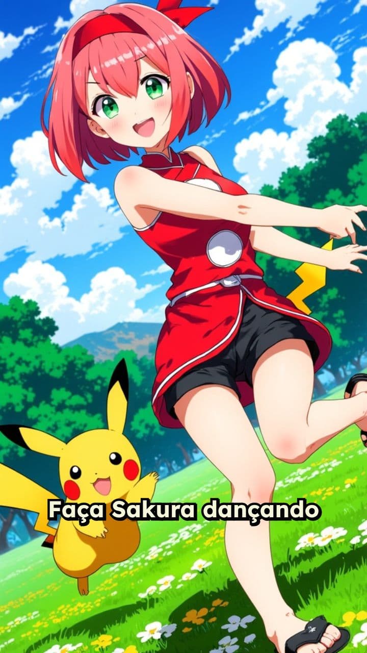 Sakura e Pikachu dançando no mundo Pokémon