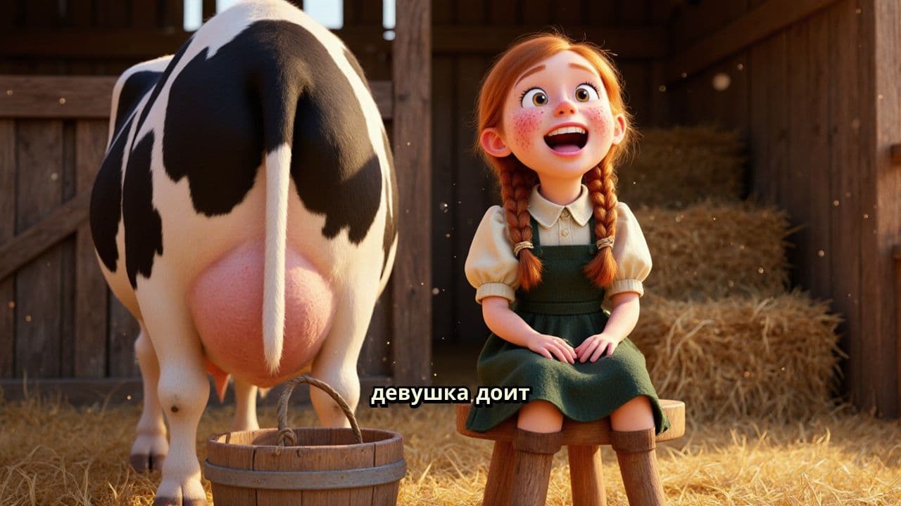 Девушка доит корову и поёт