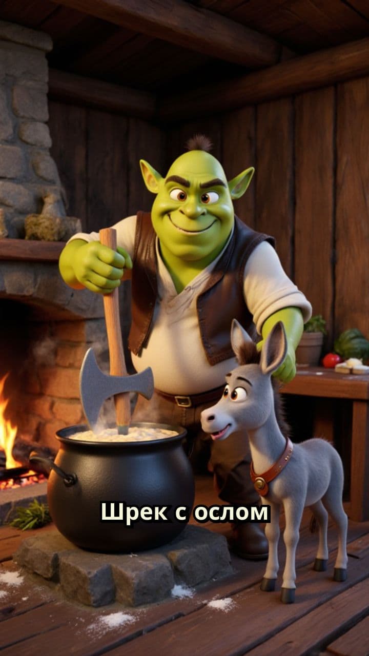 Шрек и осел готовят кашу