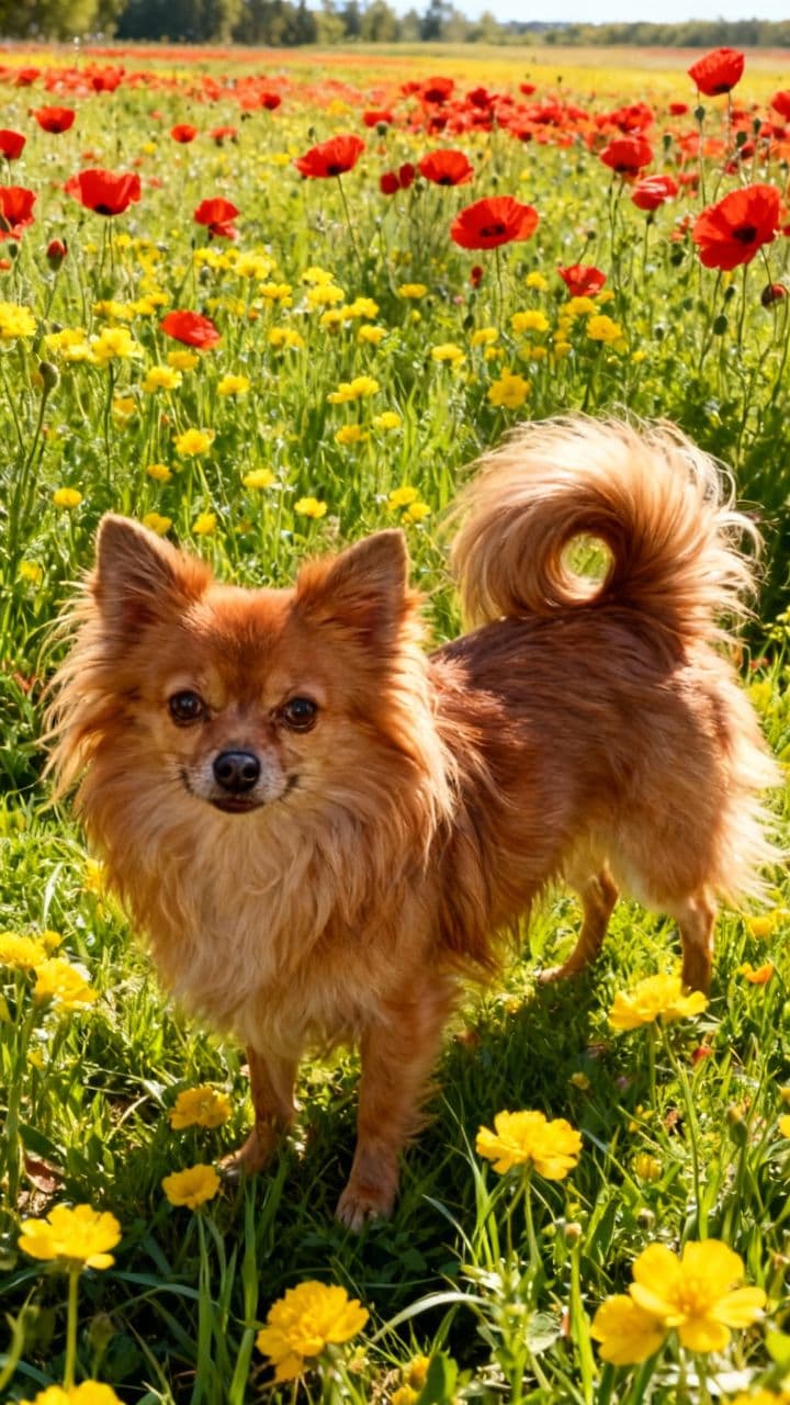 Glücklicher Chihuahua auf der Blumenwiese