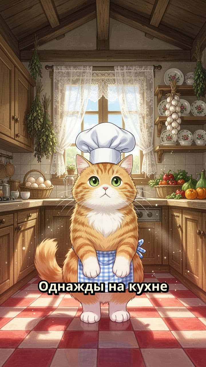 Кот варит борщ на кухне