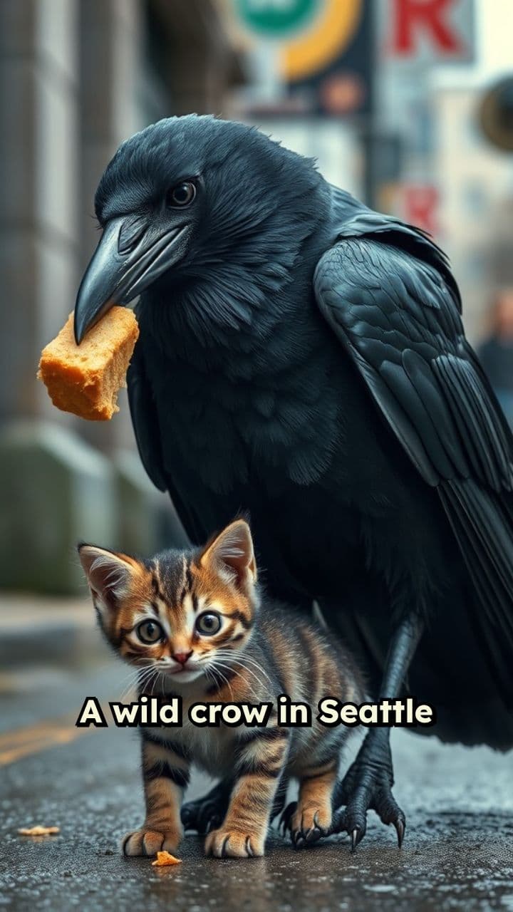 Crow Adopts Stray Kitten in Seattle