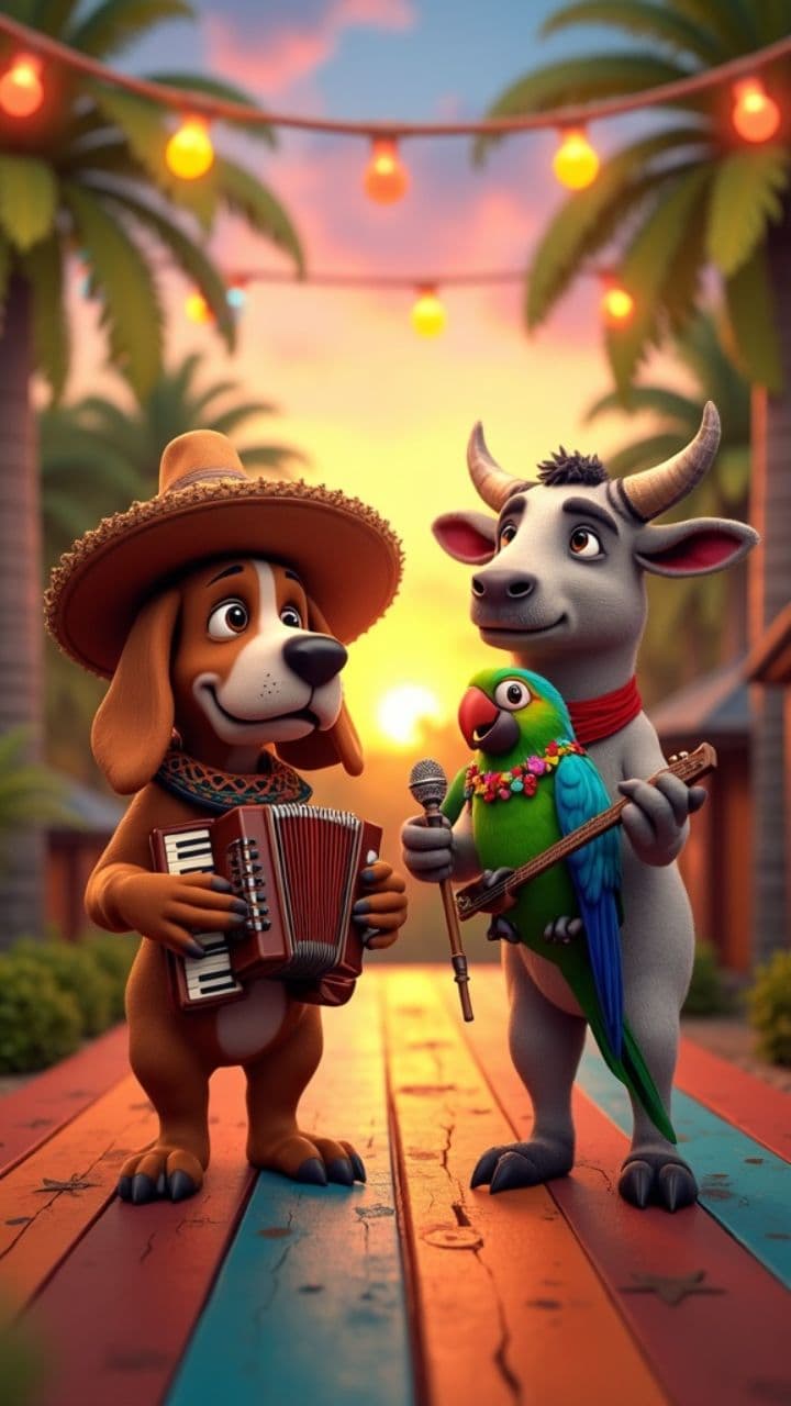 A group of cheerful animals performing vallenato