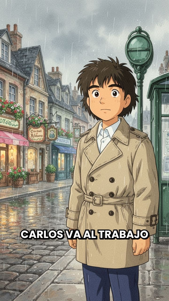 Carlos en autobús bajo la lluvia