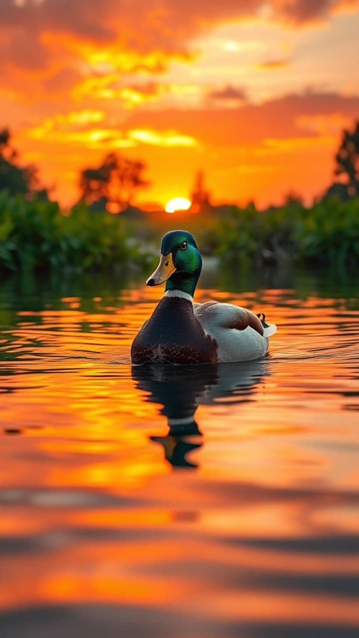 Duck Swimming at Sunset