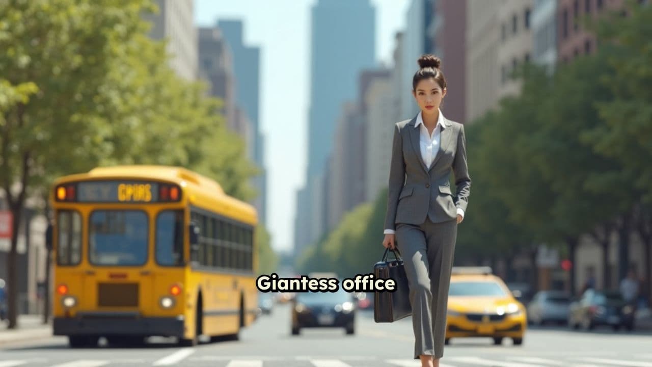 Giantess Crushes Bus in Office Scene