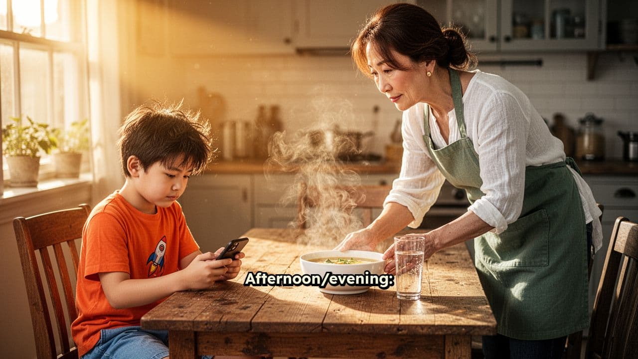 Mother Serves Dinner, Boy on Phone