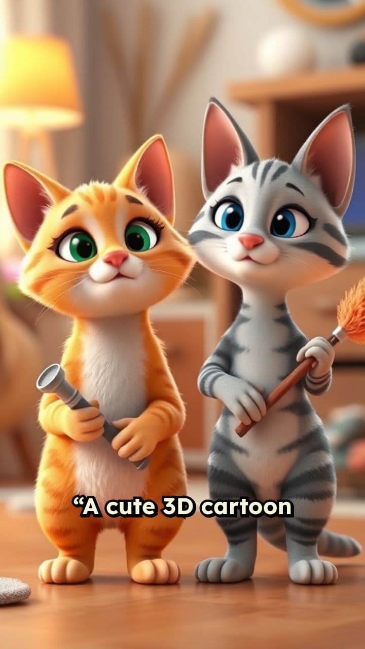 Adorable Cat Couple Cleaning Together