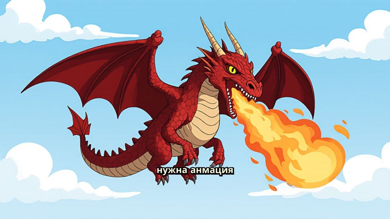 Дракон летит и дышит огнем