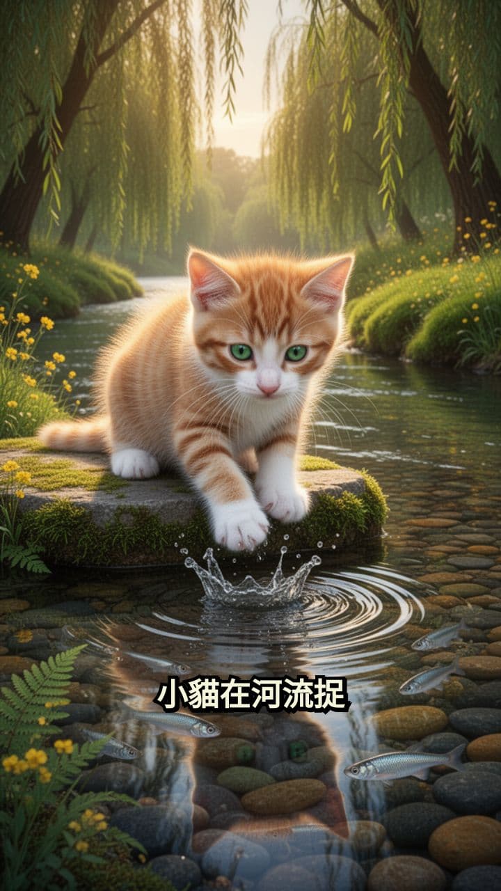 小貓在河流捉鱼