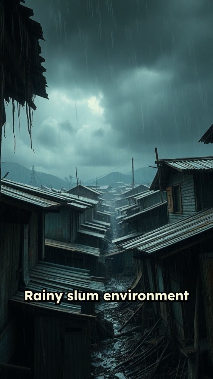 Rain-Soaked Slum Under Dark Skies