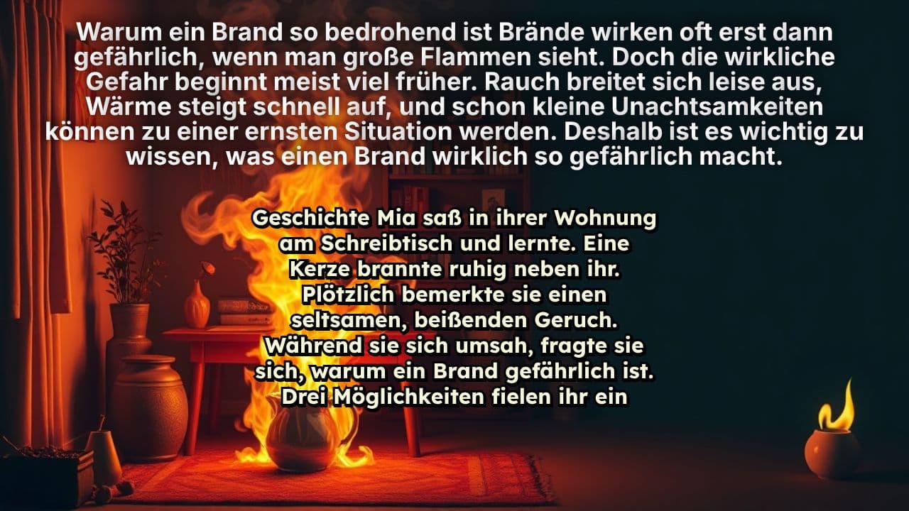 Warum ein Brand so bedrohend ist  Brände wirken oft erst dann gefährlich, wenn man große Flammen sieht. Doch die wirkliche Gefahr beginnt meist viel früher. Rauch breitet sich leise aus, Wärme steigt schnell auf, und schon kleine Unachtsamkeiten können zu einer ernsten Situation werden. Deshalb ist es wichtig zu wissen, was einen Brand wirklich so gefährlich macht.