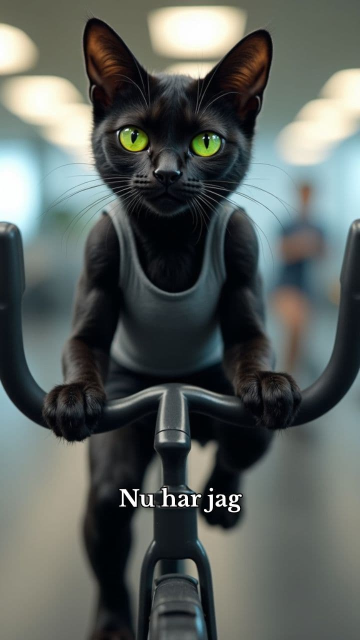 Katt på spinningcykel