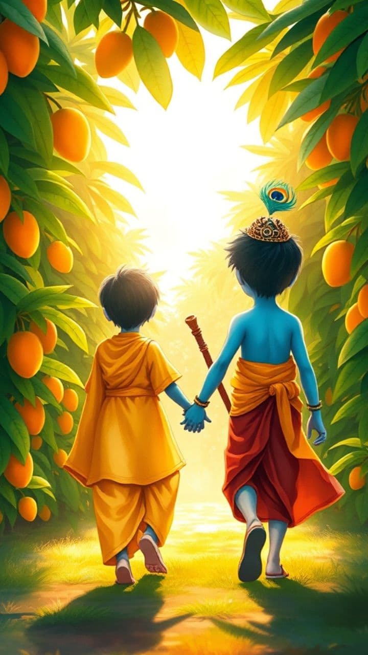 Baby Krishna and Baby Hanuman in Mango Orchard
