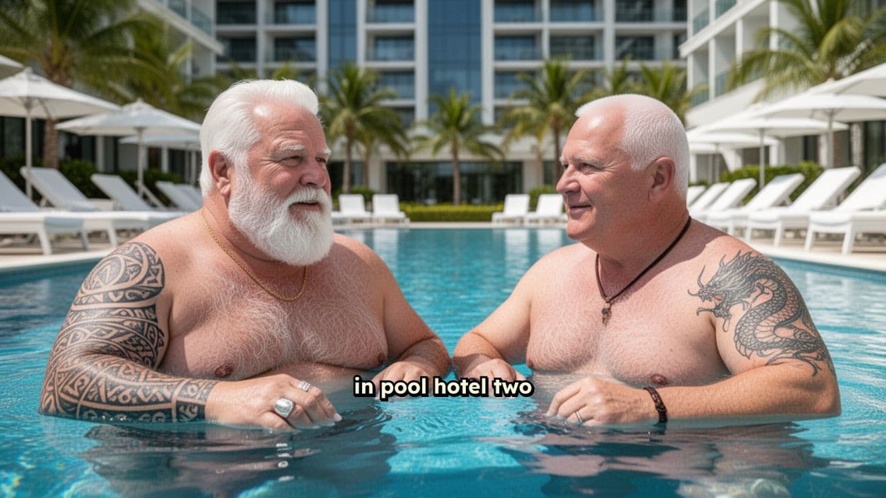 Two Older Men Kissing at Pool Hotel