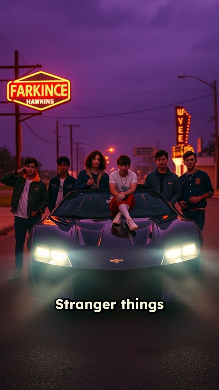 Stranger Things Charaktere flexen vor Auto
