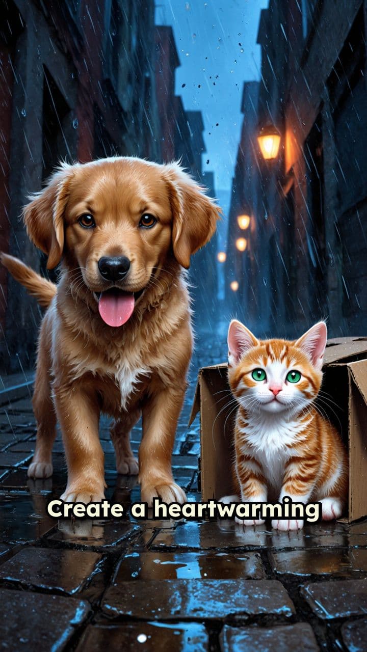 Puppy and Kitten in the Rain