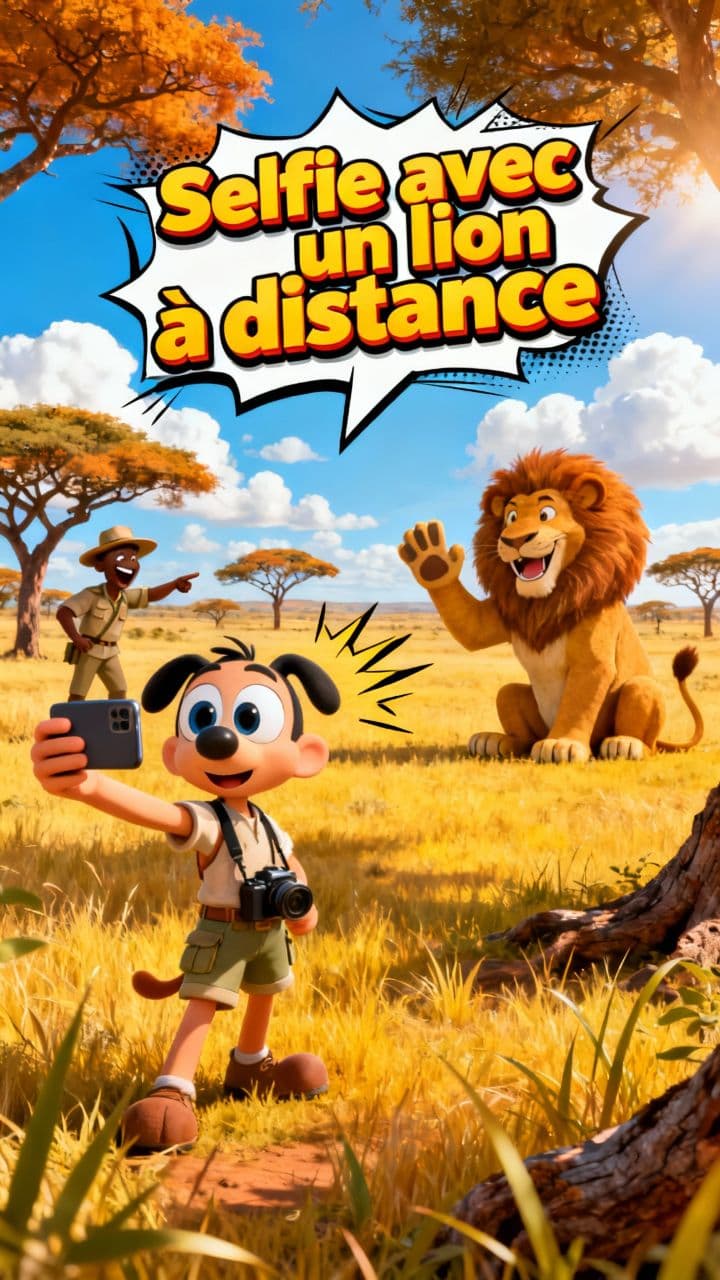 Selfie avec un lion à distance