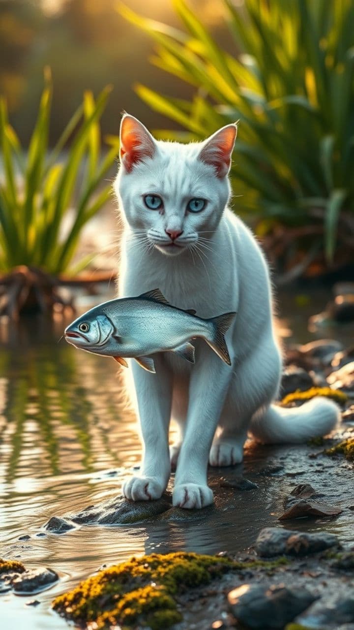 Kucing Putih Menangkap Ikan