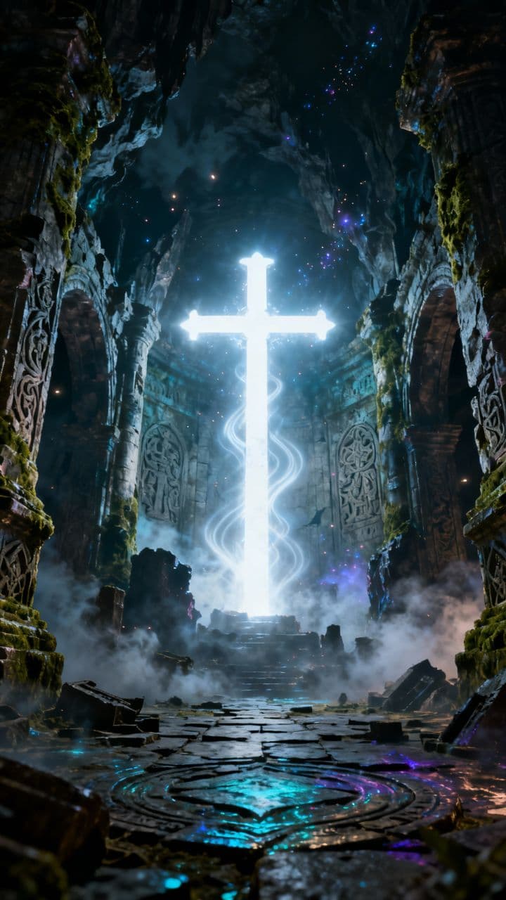 Radiant Cross in Shadowed Ruins