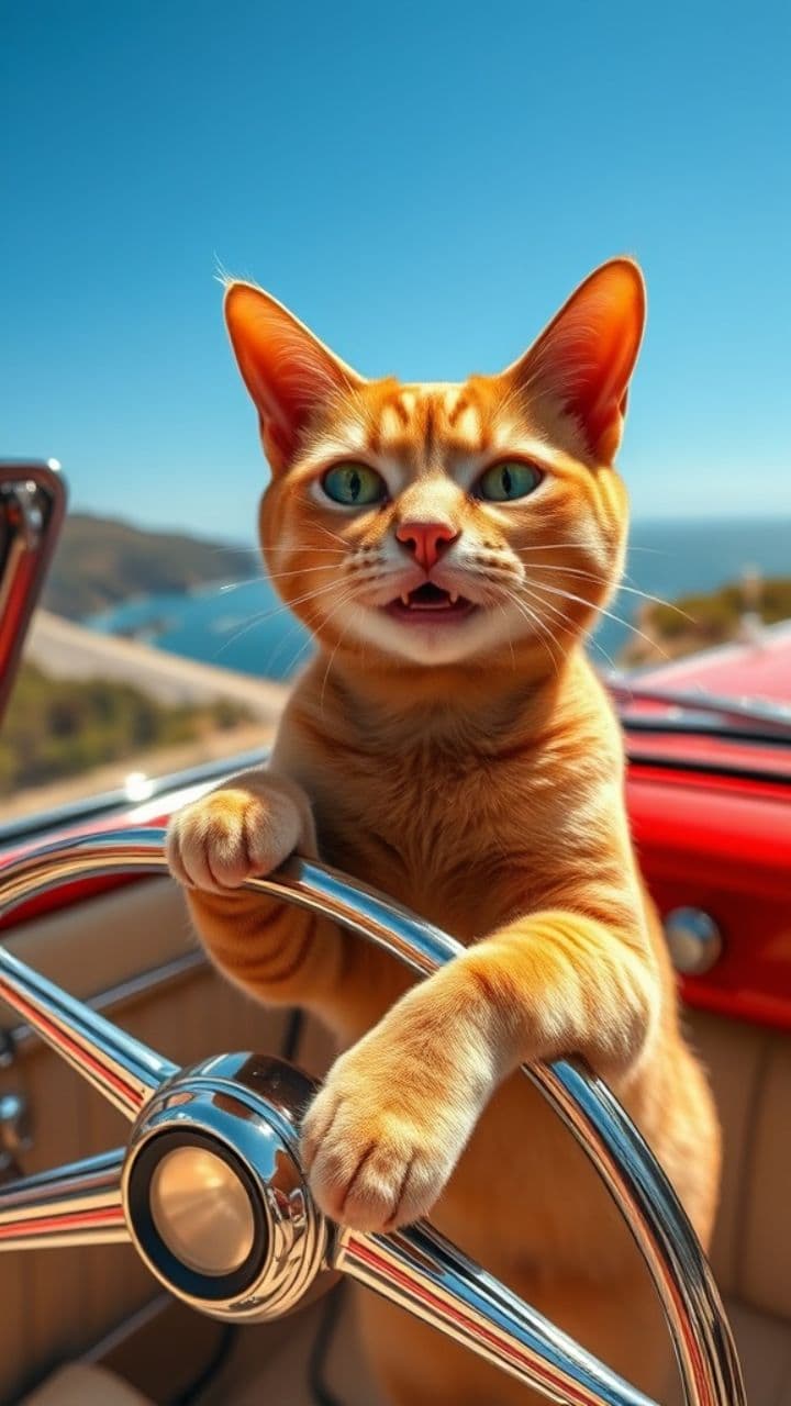 Кошка за рулем с улыбкой