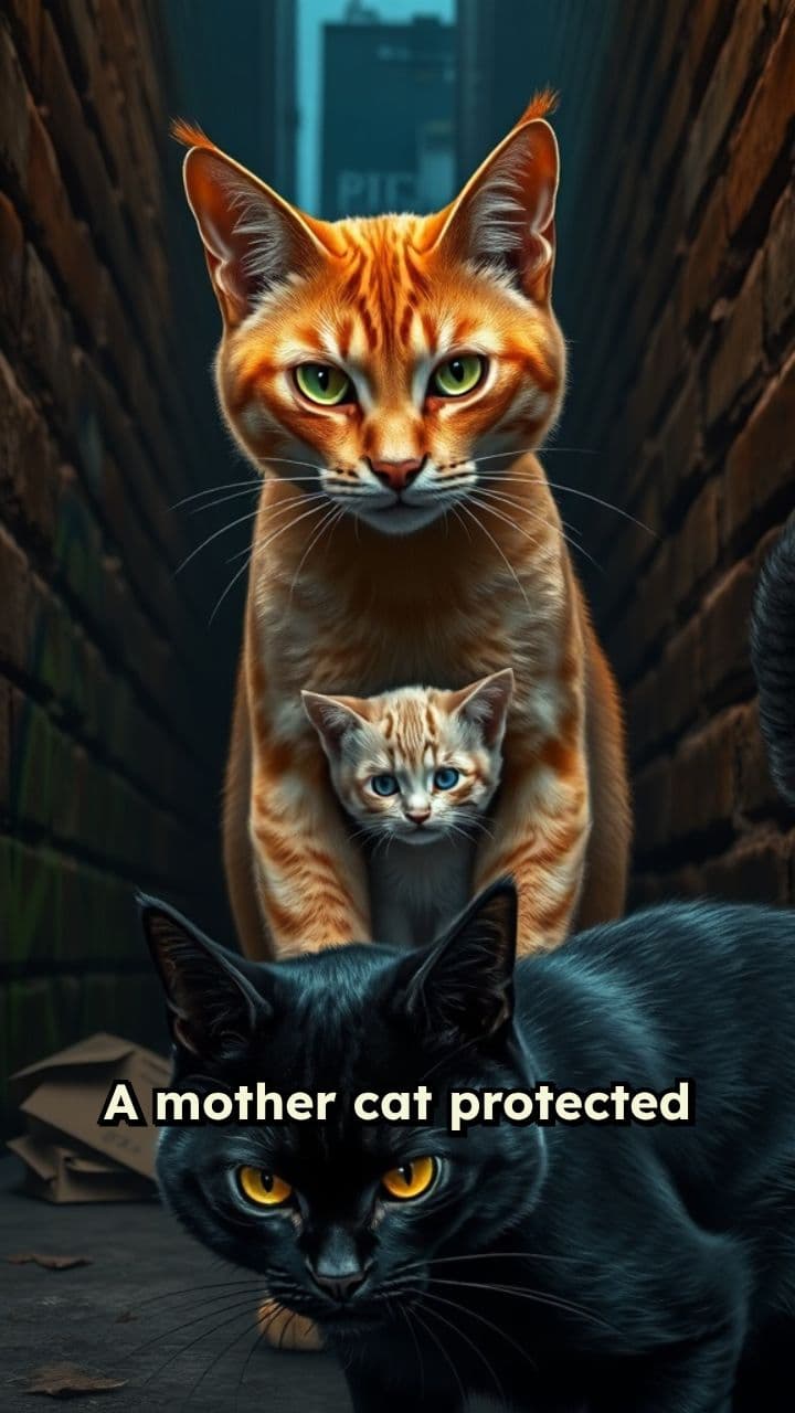 Mother Cat Defends Kitten from Threat