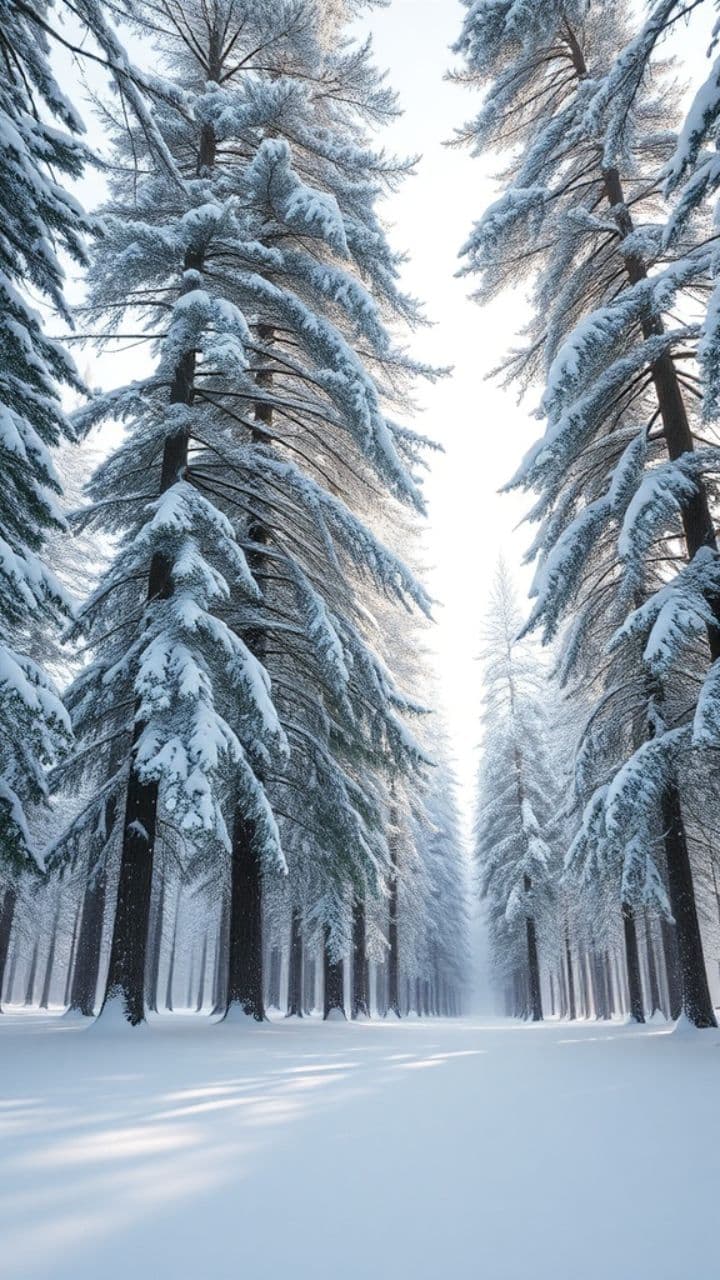 Sunlit Snowfall in Pine Forest