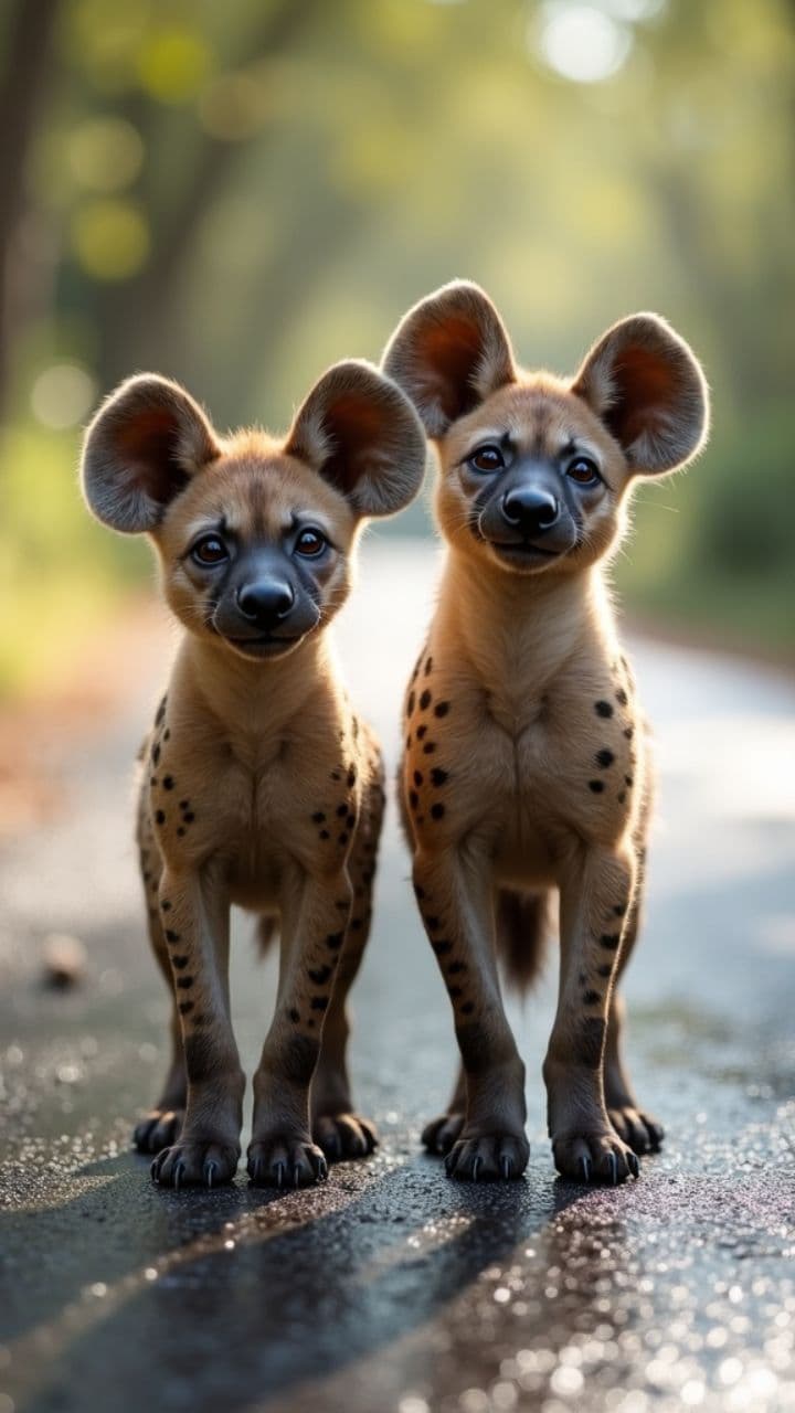 Curious Hyenas on Wet Road