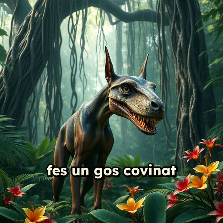 Gos covinat amb dinosaure a la selva