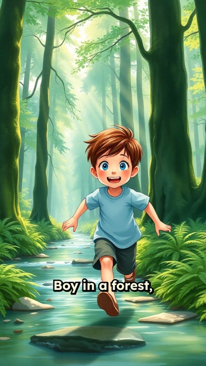 Boy Running to Water in the Forest