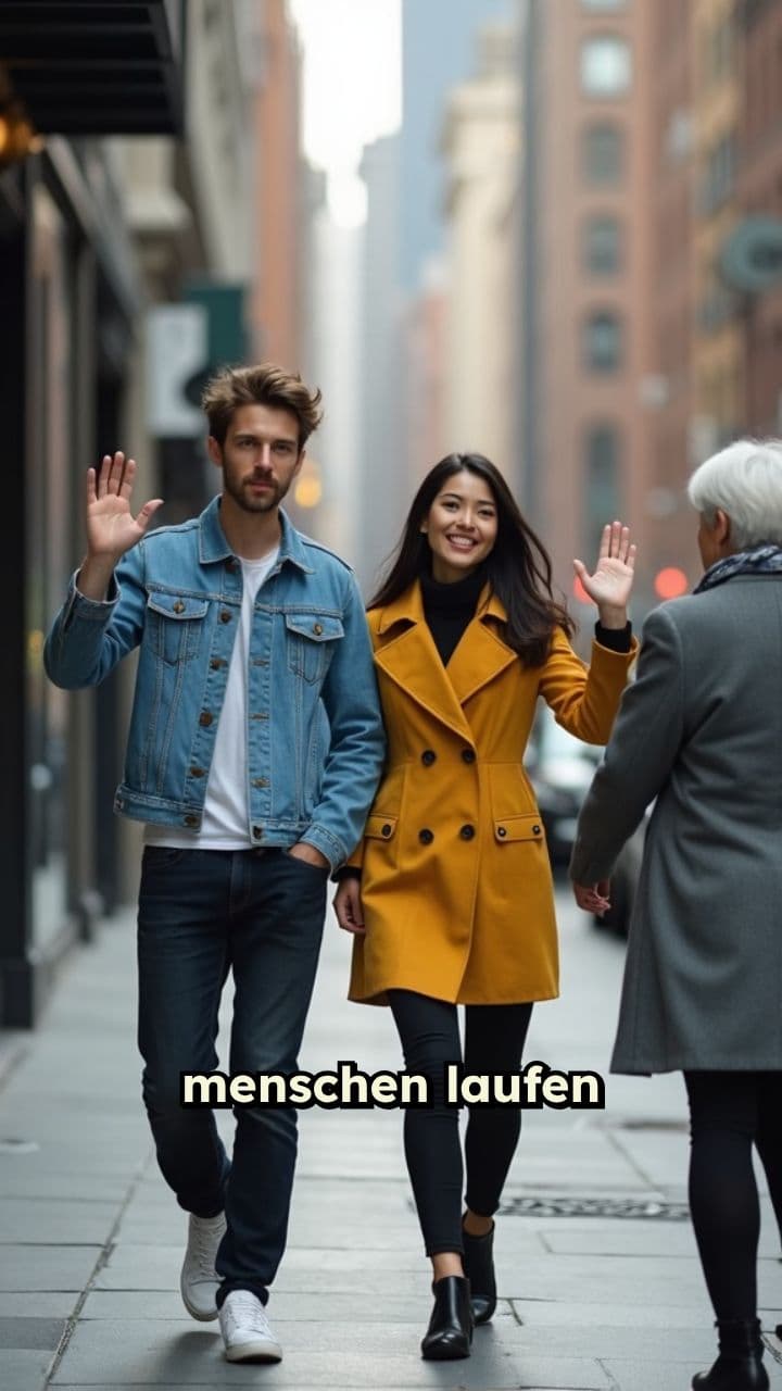 Menschen winken einer alten Frau