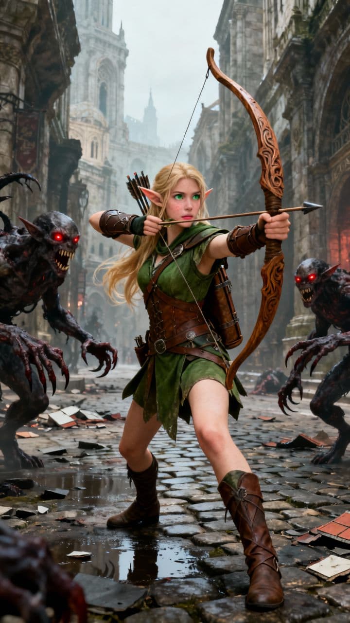 Elven Archer Defends City from Monsters
