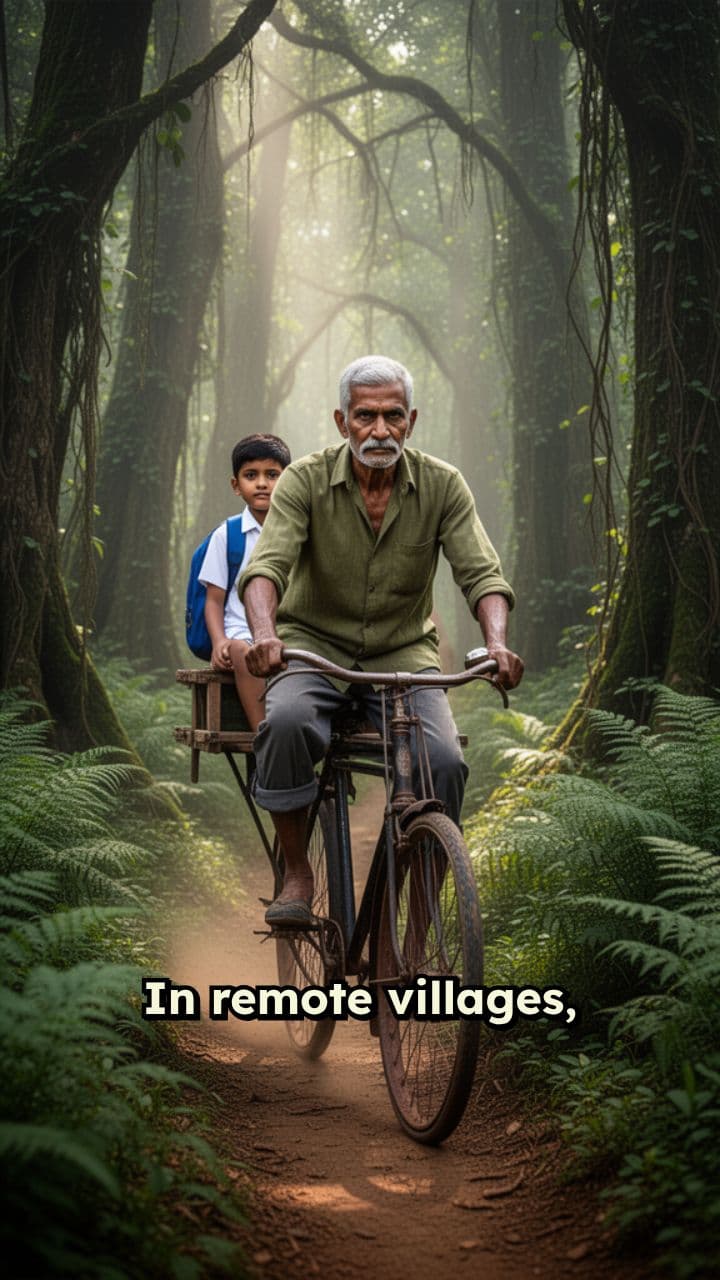Fathers Cycling Through Forests for School