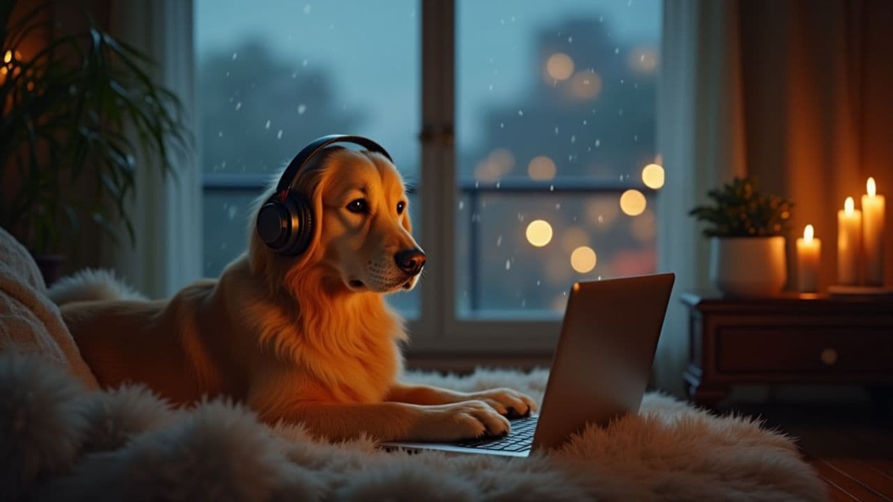 Lofi Golden Retriever in Rainstorm