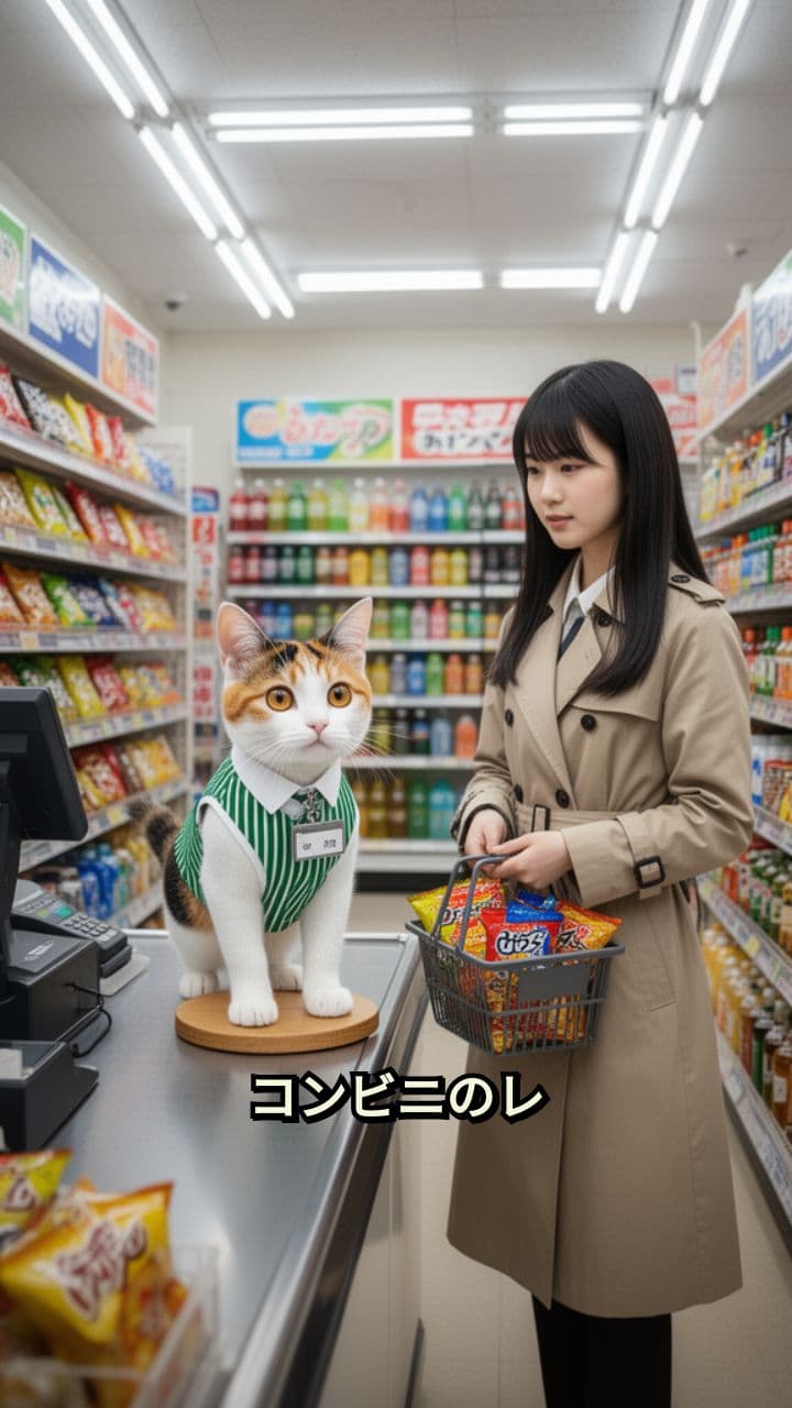 尻尾に夢中な猫店員のレジ仕事