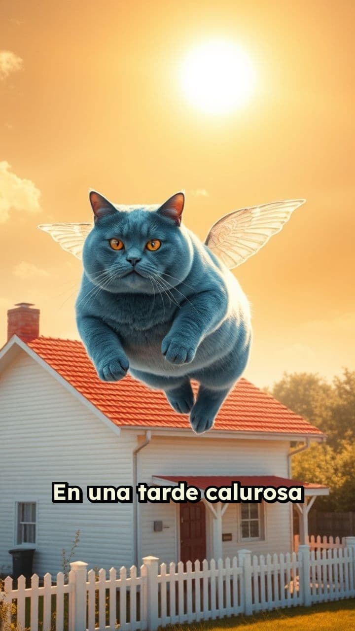Gato volador azul sobre una casa