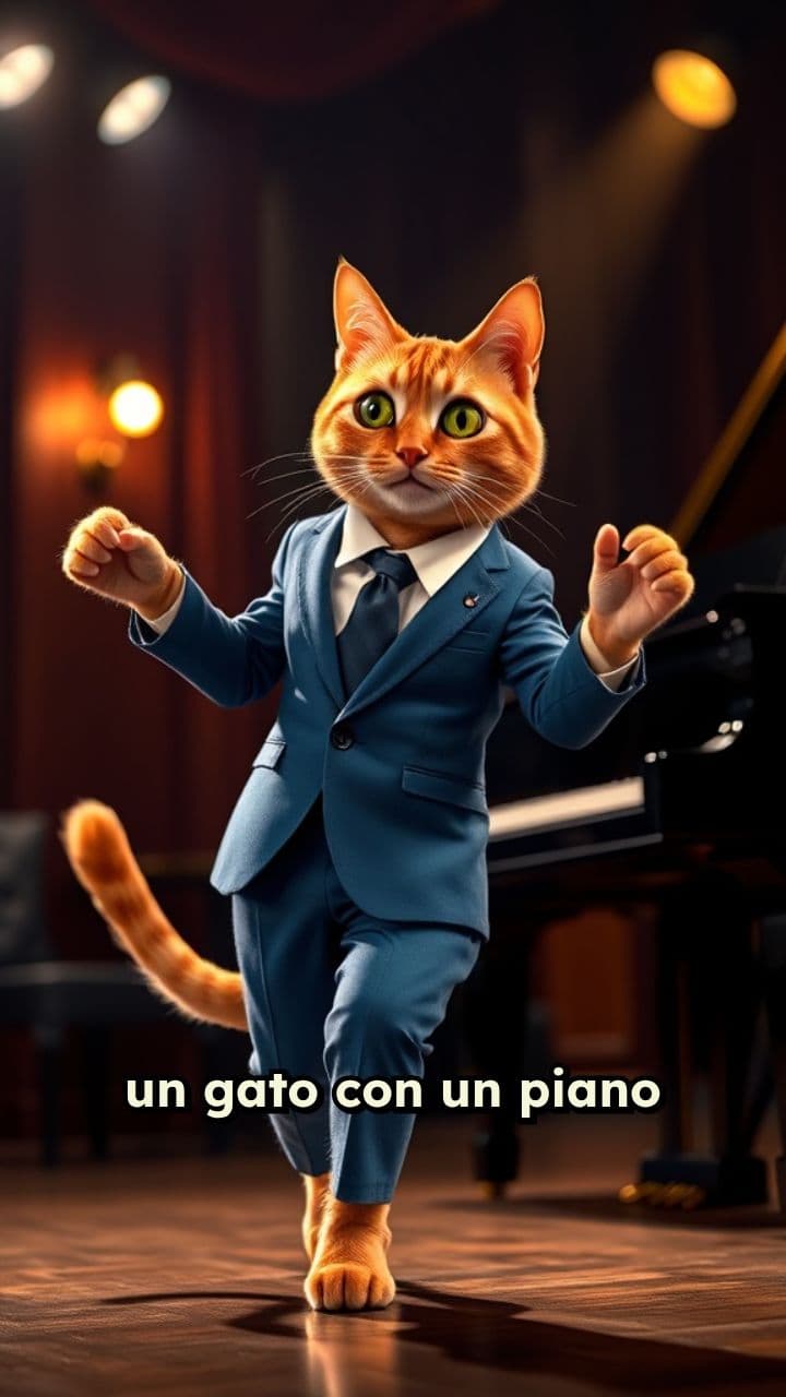 Gato bailarín con piano y ropa azul