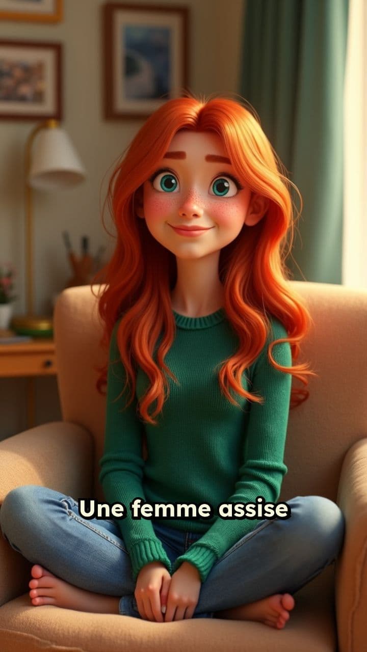 Femme rousse en pull vert et thé