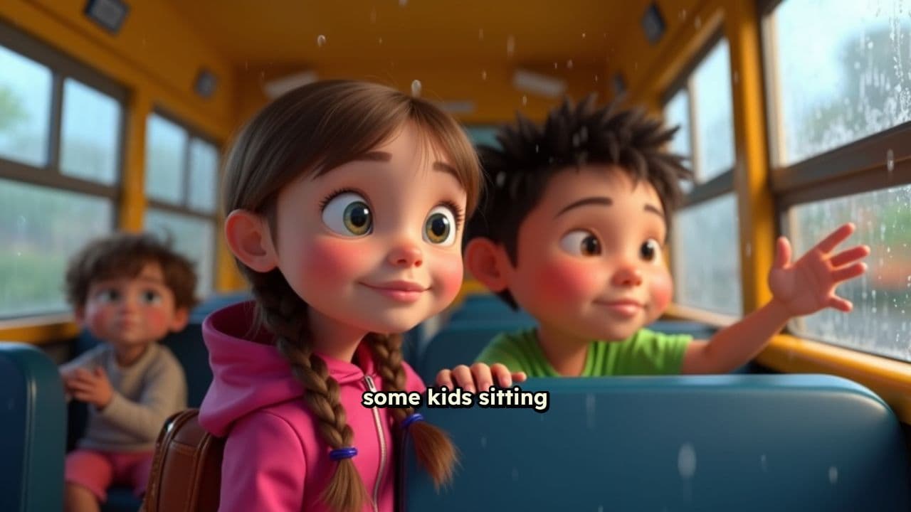 Cartoon Kids on a Rainy Bus Ride