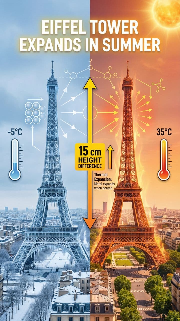Eiffel Tower Expands in Summer The Eiffel Tower grows taller in summer. When metal heats up, it expands, making the tower increase in height by about 15 centimeters during hot weather.