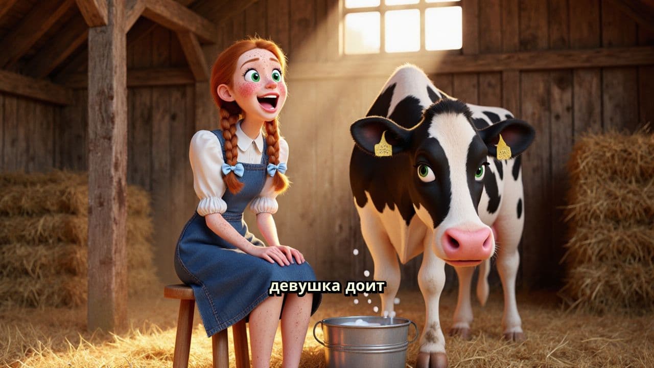 Девушка доит корову и поёт