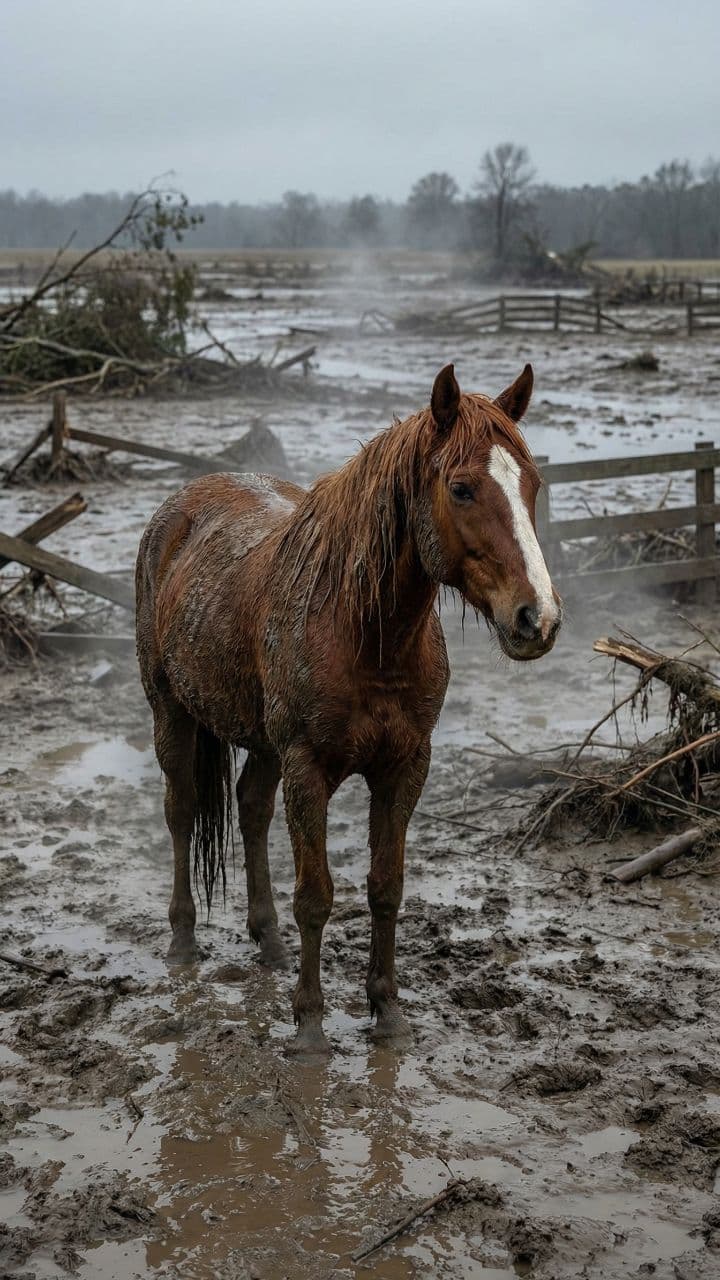 Yegua protege a su cría en barro